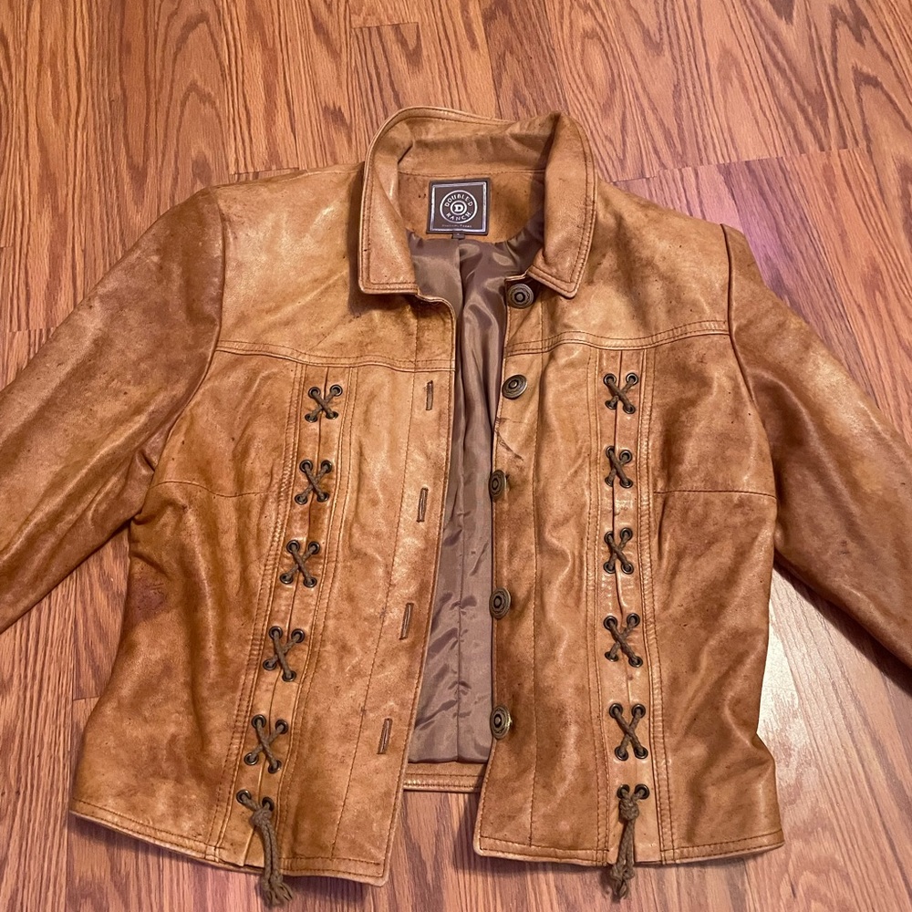 Double D Ranch brown leather jacket with cross stitch on sleeves vintage